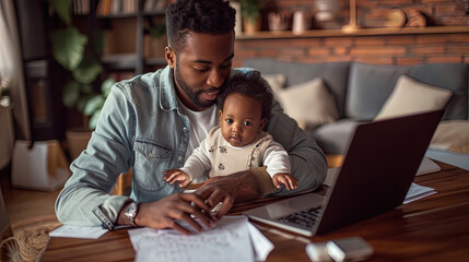 Dad working from home on laptop, with baby son by his side. Familial warmth, remote work, and the juggling of parenting and professional responsibilities, work-life balance and modern fatherhood