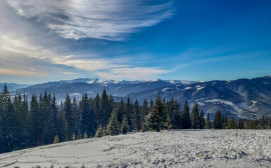 Panoramic view over Carpathian Mountains in wintertime.