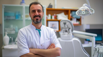 Obraz premium portrait of a confident male dentist in a modern dental clinic, slight smile, candid