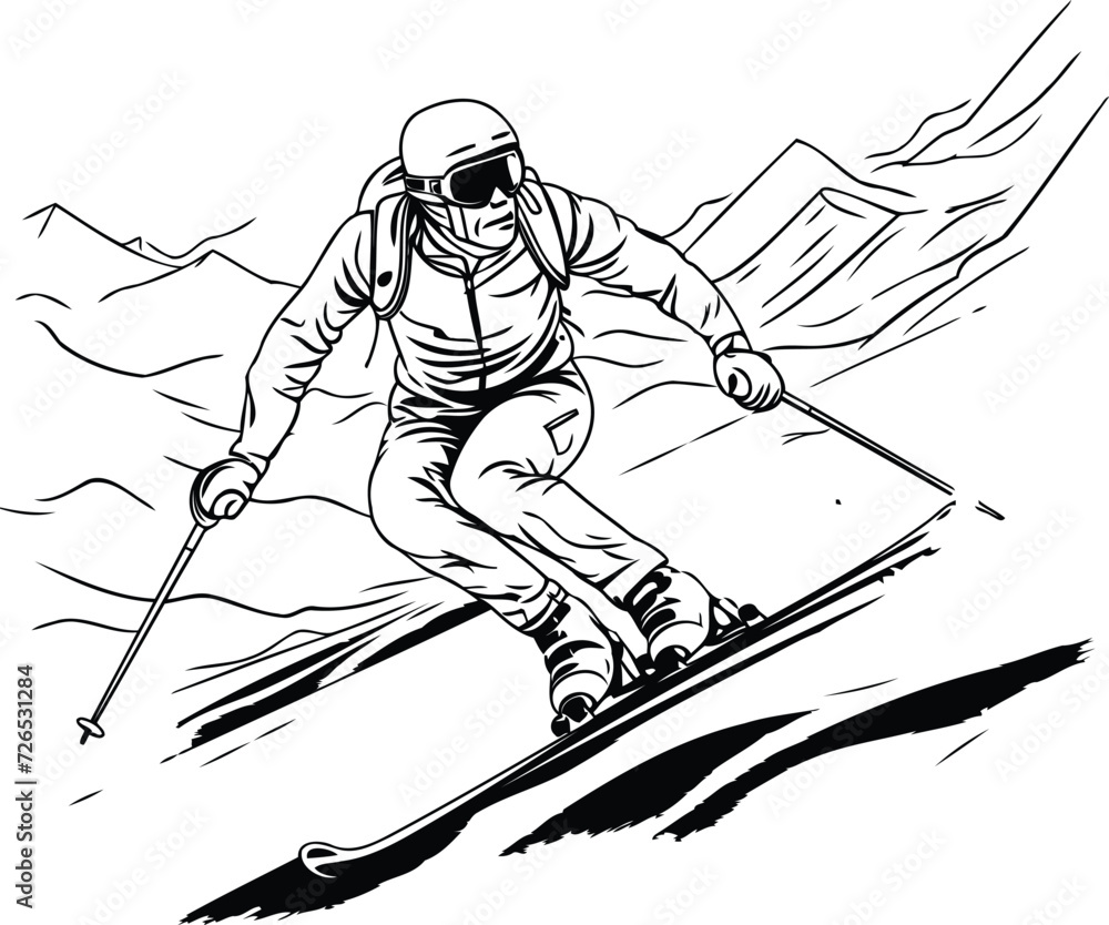 Poster skier skiing downhill. black and white vector illustration of a skier skiing downhill.