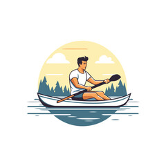 Man paddling a canoe on the river. Vector illustration in flat style