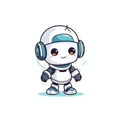 Cute cartoon robot with headphones. Vector illustration on white background.