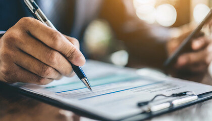 hand holding pen, signing financial check and contract with focus, symbolizing commitment, legality, and financial agreement