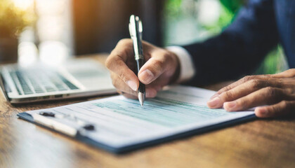 hand holding pen, signing financial check and contract with focus, symbolizing commitment, legality, and financial agreement - obrazy, fototapety, plakaty