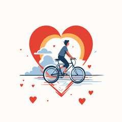 Vector illustration in flat linear style. A man rides a bicycle on the background of the heart.