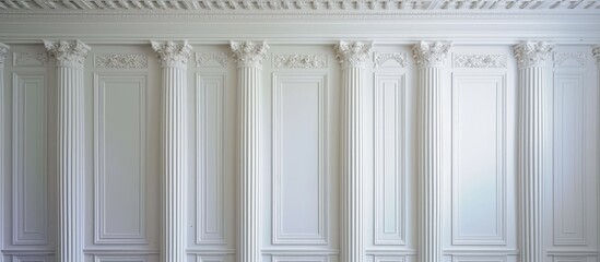 White plaster columns and pilasters on a gypsum backdrop. - obrazy, fototapety, plakaty