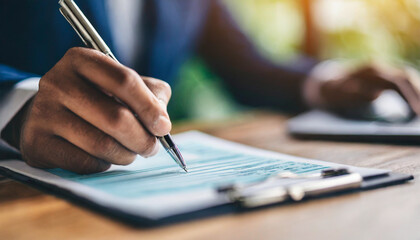 hand holding pen, signing financial check and contract with focus, symbolizing commitment, legality, and financial agreement