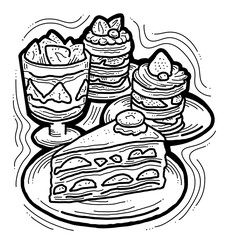 Sweet dessert cake with fruits for celebration birthday party or wedding, tasty breakfast. For cafe, restaurant menu print, postcard or poster. Hand drawn illustration. Cartoon style line art drawing.