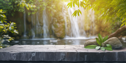 nature stone podium for display product with waterfall background