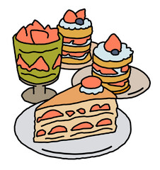 Sweet dessert cake with fruits for celebration birthday party or wedding, tasty breakfast. For cafe, restaurant menu print, postcard or poster. Hand drawn illustration. Cartoon style line art drawing.