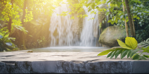 nature stone podium for display product with waterfall background - obrazy, fototapety, plakaty