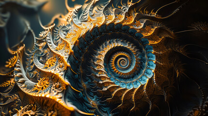 Abstract Golden Spiral Fractal Evoking Infinite Complexity, Depth, and the Mysteries of Mathematics and Nature - obrazy, fototapety, plakaty