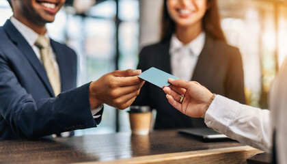 hands passing credit card from customer to receptionist, symbolizing secure transactions and financial interactions in a modern business setting - obrazy, fototapety, plakaty