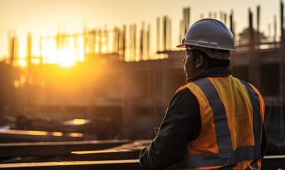 Fototapeta na wymiar Construction site at sunrise with a silhouetted worker wearing a safety helmet and reflective vest overseeing progress