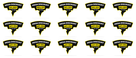 10,15,85,90 percent mega discount sale banner set. Special offer price tag. Vector illustration. - obrazy, fototapety, plakaty
