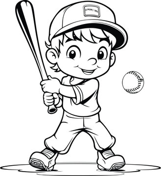 Little Boy Baseball Player Cartoon Mascot Character Vector Illustration.