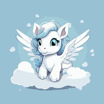Cute cartoon white unicorn with wings on the cloud. Vector illustration.