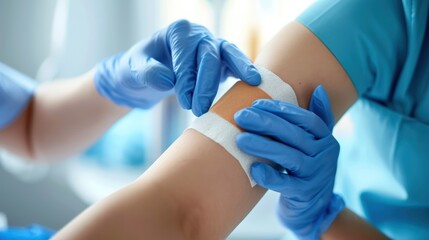 two workers are applying bandages to a knee joint - obrazy, fototapety, plakaty