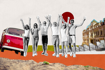 Creative banner collage poster of people buddies guys ladies drive on van travel city enjoy summer...