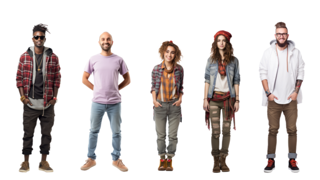 Collection, a bundle of diverse young people isolated on transparent white background
