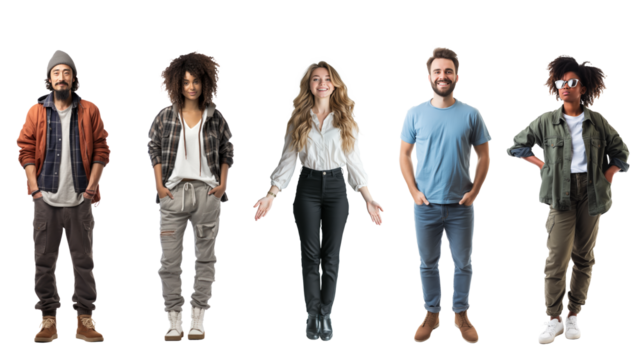 Collection, a bundle of diverse young people isolated on transparent white background