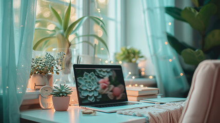 Work from Home, flexibility of working from home, Green color pastels and cute succulents.