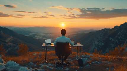 Work from travel, A Man in office clothes sitting and working on the Mountain
