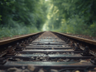 Fototapeta premium Forest railway tracks winding through the countryside, inviting a nostalgic journey along the old metal path of travel