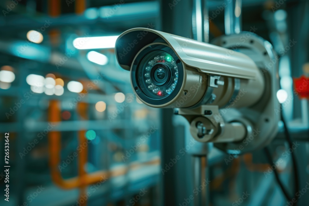 Poster A security camera mounted on a pole in a building. Suitable for surveillance and security concepts