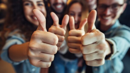 a group of friends showing thumbs up, in the style of soft-focused realism - obrazy, fototapety, plakaty