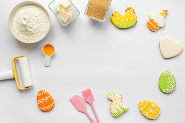 Baking holiday Easter cookies - eggs and bunny. Cooking background