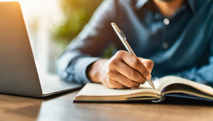 writing in sunlight with a pen, capturing the essence of concentration and creativity in a bound notebook