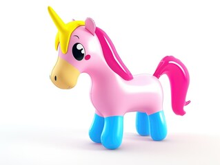 A pink and blue toy horse with a yellow horn. Funny cute inflatable toy on white background.