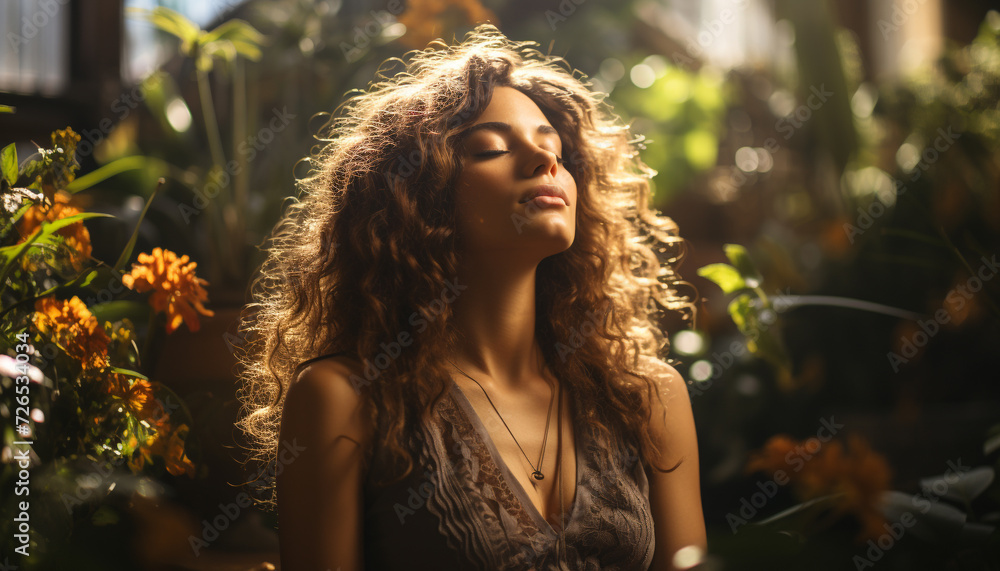 Wall mural young woman smiling outdoors, enjoying nature beauty and freshness generated by ai