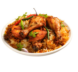 Fototapeta premium Chicken biryani , kerala style chicken dhum biriyani made using jeera rice and spices arranged in a white ceramic png background, isolated
