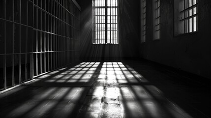 A black and white photo of a jail cell. Suitable for crime-related themes or prison-related articles