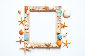 Fototapeta premium a photo frame with seashell details on a white surface