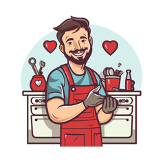 Vector illustration of a smiling man in a red apron and gloves holding kitchen utensils.
