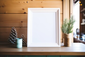 an empty nordic style frame on a pine table