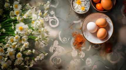 Composition in the kitchen, dishes with Easter eggs on the table, top view. Spring flowers and eggs...