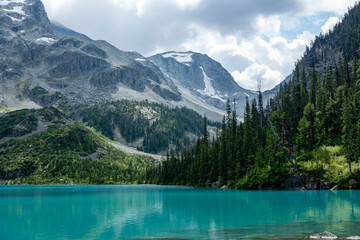 Glacier lake with trees and mountains in the background