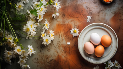 Obraz na płótnie Canvas Composition in the kitchen, dishes with Easter eggs on the table, top view. Spring flowers and eggs in a plate, selective focus. Happy easter. Vintage style