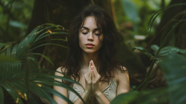 In the lush jungle, a sensual young woman finds solace in meditation, her eyes closed in serene contemplation. With palms pressed together in a Namaste gesture
