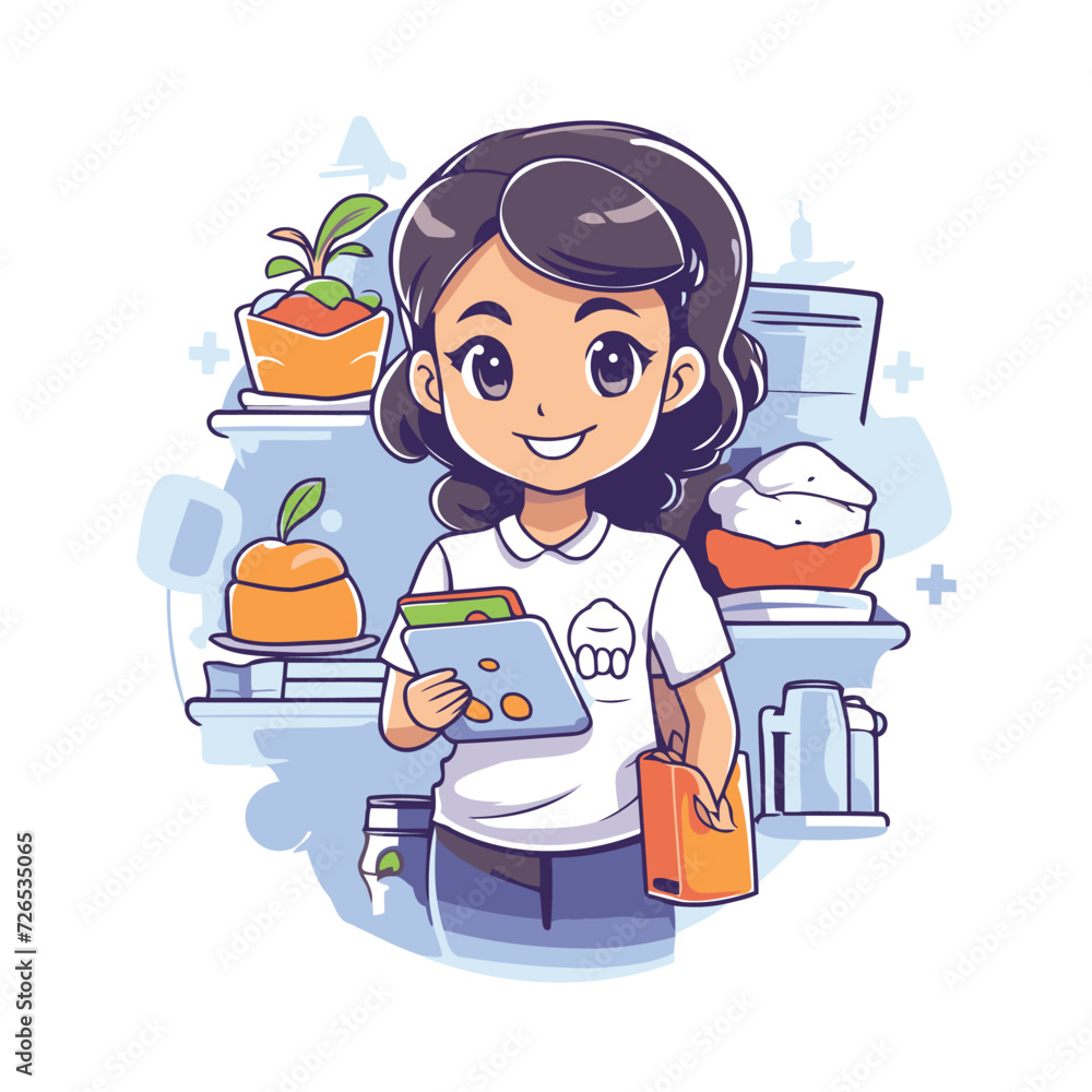 Poster cute little girl cartoon character in the kitchen. vector illustration.