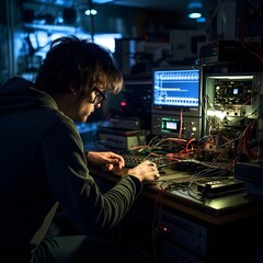 A software programmer working on his computer with three screens
