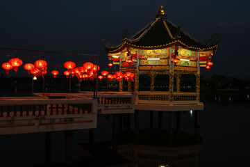 Hanging lanterns during Chinese New Year festival.