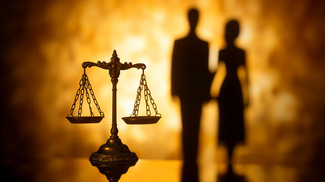 Justice scales against a couple, symbolizing family law. It embodies the legal balance crucial in marital, divorce, and custody matters, highlighting the need for impartiality in family-related legal 