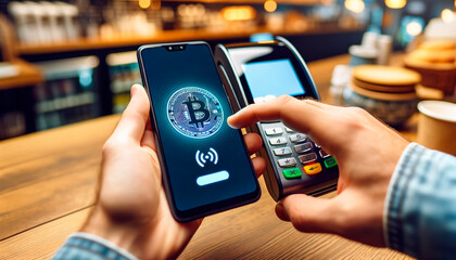 Smartphone Bitcoin Payment at Cafe. Hand holding a phone device displaying a Bitcoin symbol making a contactless payment at a POS terminal at the Shop, crypto blockchain payments wallet