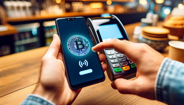 Smartphone Bitcoin Payment at Cafe. Hand holding a phone device displaying a Bitcoin symbol making a contactless payment at a POS terminal at the Shop, crypto blockchain payments wallet - Powered by Adobe