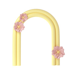3d rendering of plaster yellow molds arch with pink flower. Minimalistic spring display. Stylish aesthetic transparent showcase, mock up for the exhibitions, presentation of products and goods